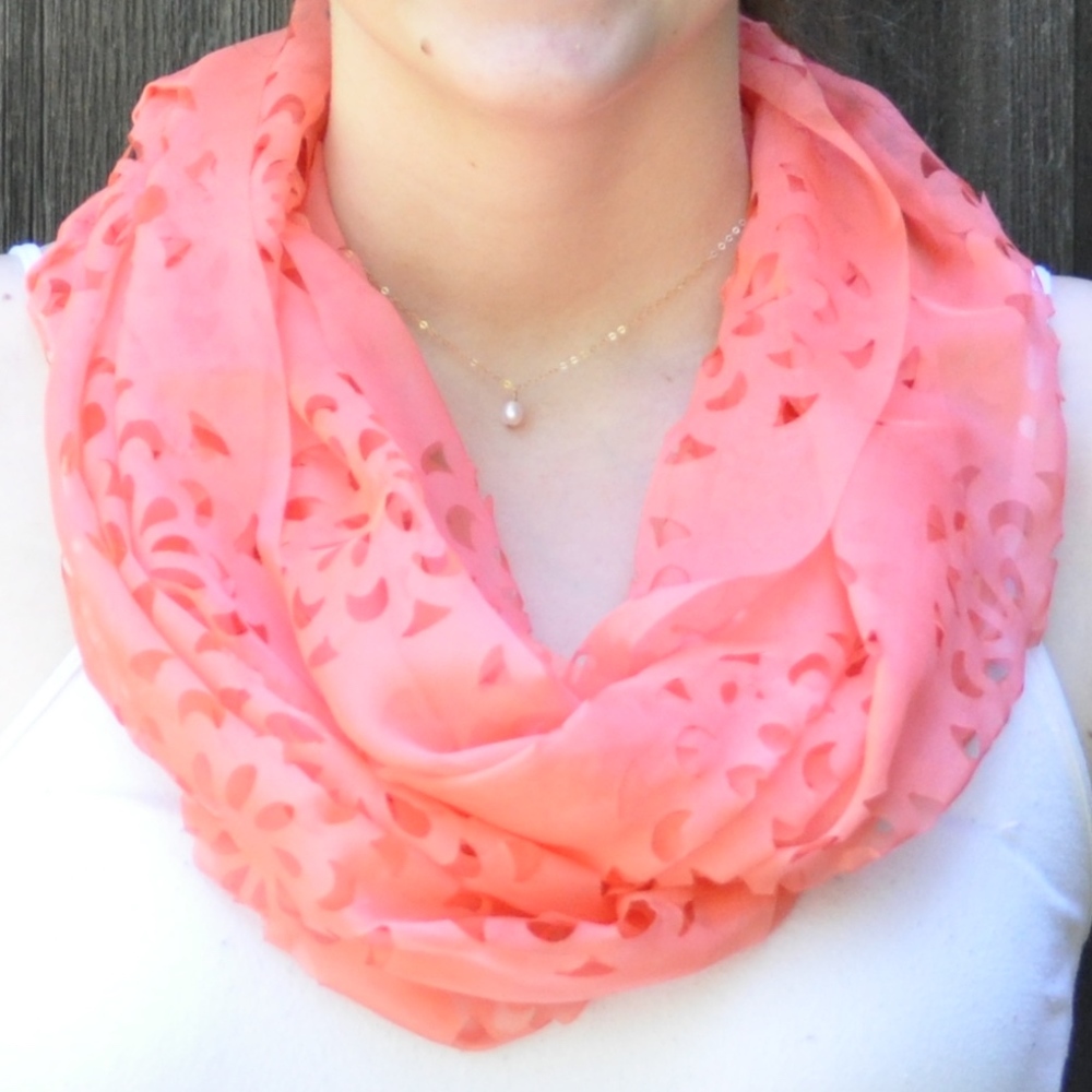 Coral Pink Infinity Scarf w/ Floral Cutouts